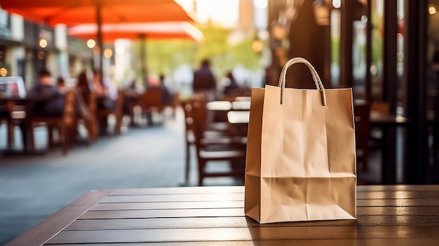 Voedselbezorging blanke papieren zak op de houten en wazige restaurants op de achtergrond