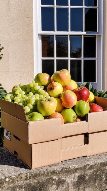 Voedselbezorging postdienst en online boodschappen fruitdoos met vers biologisch fruit van een lokale boerderij voor de deur op het platteland generatieve ai