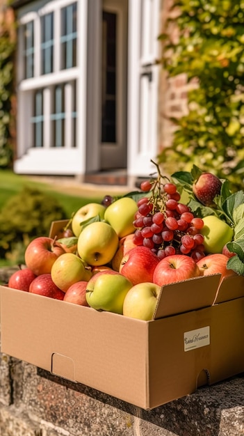 Voedselbezorging postdienst en online boodschappen fruitdoos met vers biologisch fruit van een lokale boerderij voor de deur op het platteland generatieve ai