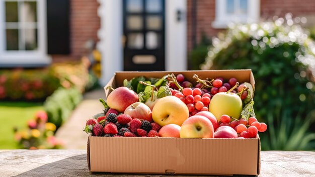 Voedselbezorging postdienst en online boodschappen fruitdoos met vers biologisch fruit van een lokale boerderij voor de deur van een huis op het platteland postprocessed generatieve ai