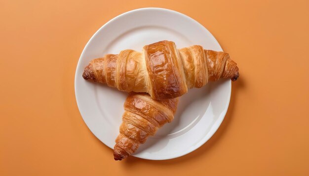 Voedseldoos Vers gebakken Franse croissant op een bord Oranje achtergrond