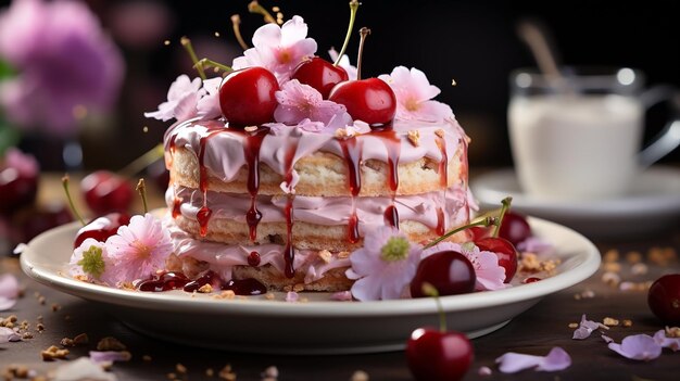 Voedselfoto van heerlijke chocoladekoek met kersen- en aardbeienglazing