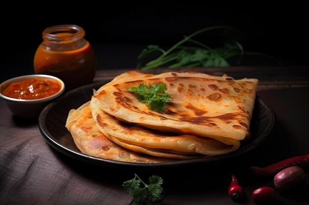 Voedselfoto van paratha broodschotel op zwart bord met saus en bladeren