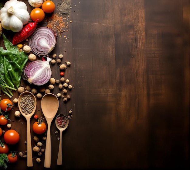 Voedselfotografie met groenten kruiden houten lepels met houten achtergrond