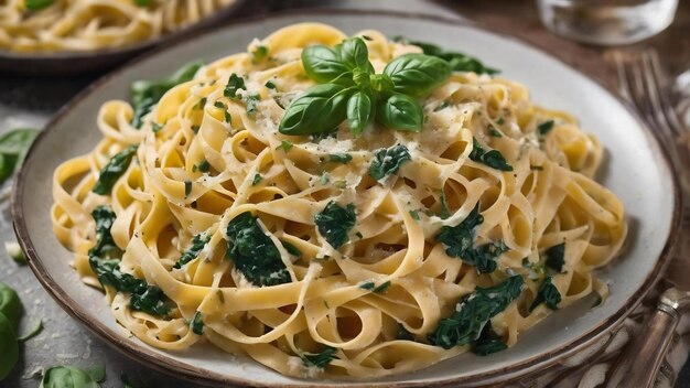 Voedselfotografie van pasta tagliatelle fettuccine trenette spinazie oregano parmezaanse kaas saus