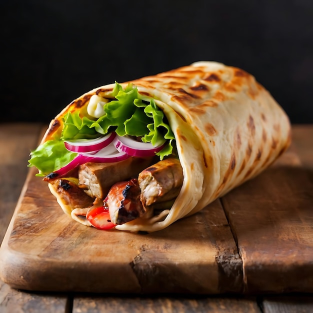 Voedselfotografie van Shawarma op houten achtergrond