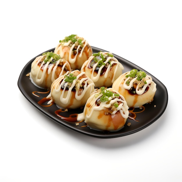 Voedselfotografie van takoyaki op plaat die op witte achtergrond wordt geïsoleerd