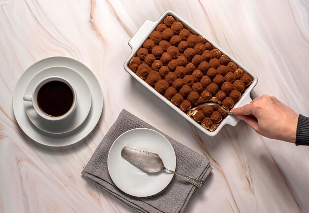 Voedselfotografie van tiramisu koffie dessert espresso