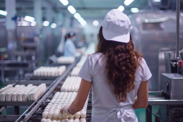 voedselindustrie productie en mensen concept vrouw die werkt bij ijsfabriek conveyor