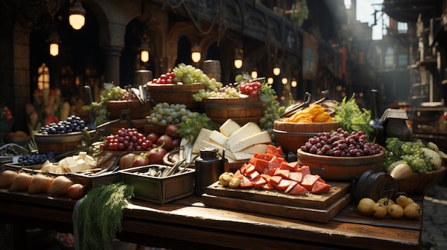 Voedselmarktstalletjes met fruit, groenten, kaas, vlees en vis op de toonbank en in kratten