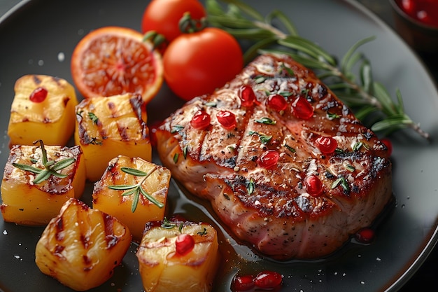 Voedselplaat met vlees, aardappelen en tomaten