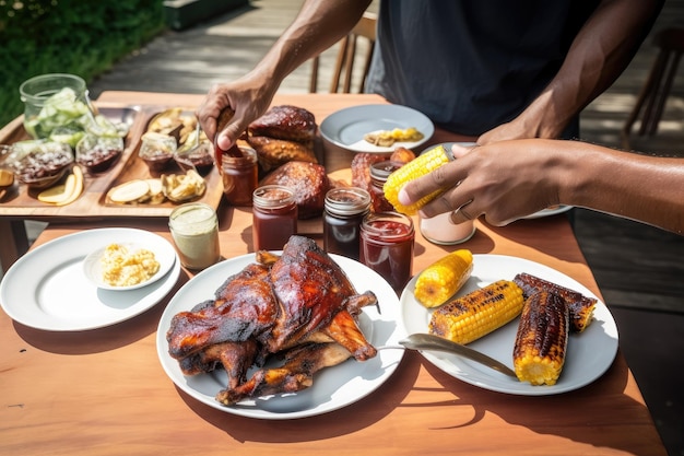 Voedselstylist die gerechten van bbq-kip en ribben op picknicktafel schikken, gemaakt met generatieve ai