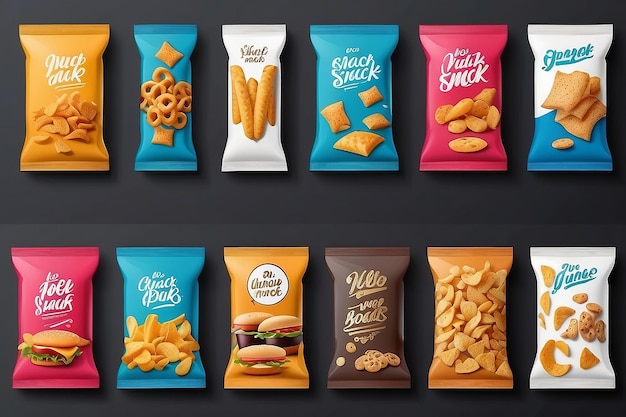 Foto voedselverpakking voor verschillende snackproducten ontwerppakket sjabloon voor branding