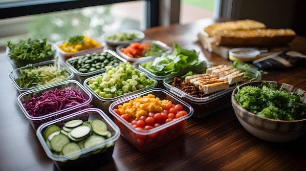 Foto voedselvoorbereiding voor de week georganiseerde containers met evenwichtige maaltijden