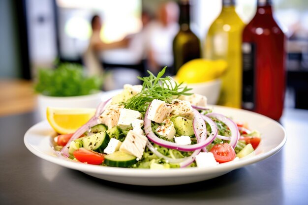 Foto voedselvriendelijke griekse salade met calorie-etiket in de hoek