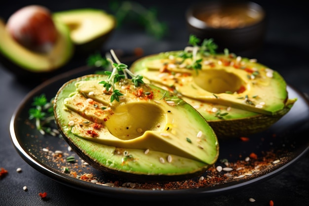 Voedzaam avocado-ontbijt met gesneden avocado en kruiden. Hele voedingsidee