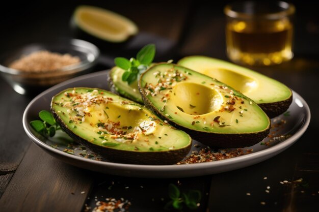 Voedzaam avocado ontbijt met gesneden avocado en kruiden Whole food idee