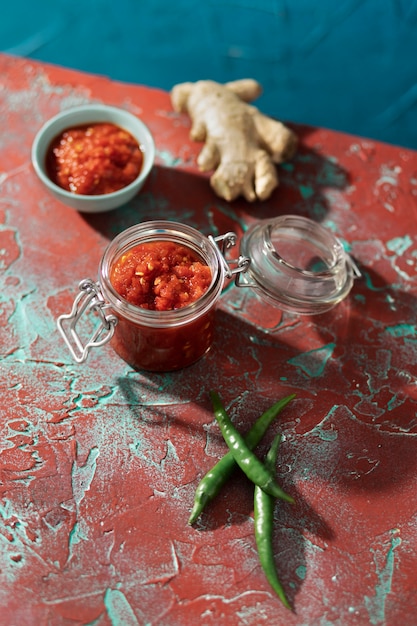 Foto voedzame maaltijd met sambal assortiment