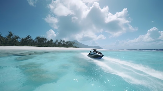 Voel de spanning van avontuur terwijl je aan boord gaat van een jetski-rit op een tropisch eiland met kristalhelder turkoois water en witte zandstranden Gegenereerd door AI