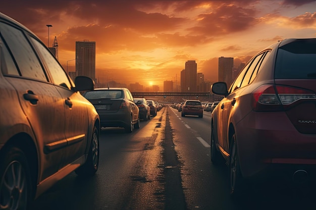 Voertuigen die zich in het verkeer verplaatsen tegen de achtergrond van een prachtige zonsondergang.