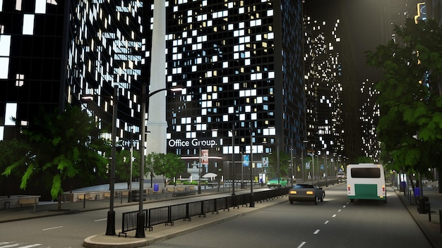 Voertuigen rijden op de straat in het centrum van de stad naast kantoorgebouwen in het zakendistrict, moderne wolkenkrabbers en auto's. Kantoorgebooien met lichten die's nachts knipperen. 3D rendering animatie.