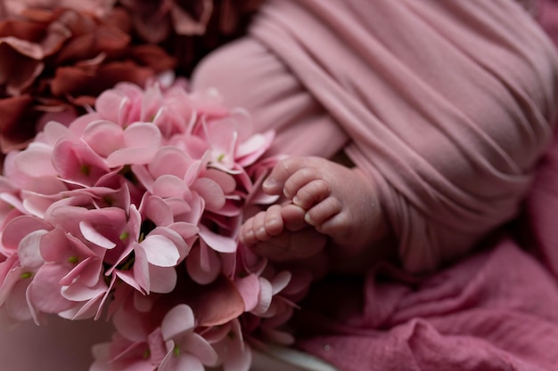 voet van een pasgeborene. babyvoet tegen de achtergrond van hortensia