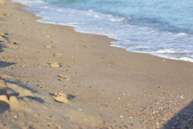 Voetafdruk op zand op het strand Kopieer de ruimte