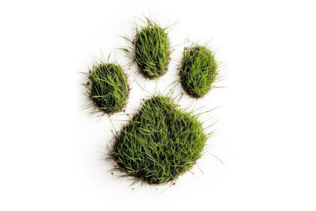 Foto voetafdruk van hond in groen gras op witte achtergrond generatieve ai