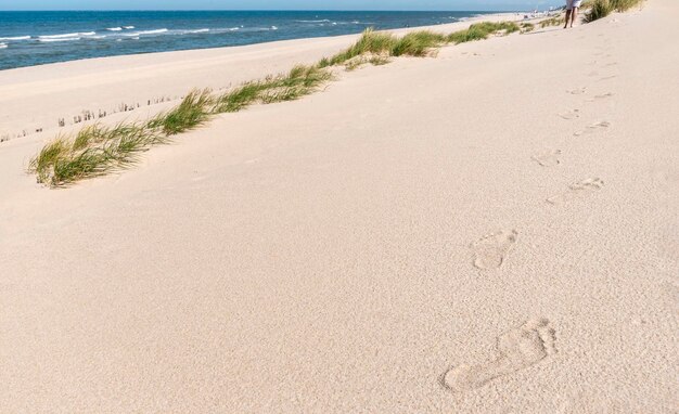 Voetafdrukken in het zand op het eiland Sylt Wandelen op het strand aan de Noordzee