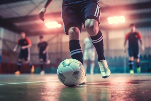 Voetbal futsal speler bal futsal vloer Sport achtergrond Zaalvoetbal sporthal Jeugd futsal competitie Zaalvoetballers en voetbal Generatieve ai