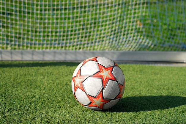 Voetbal in het doel met net op het voetbalveld van sportstadion