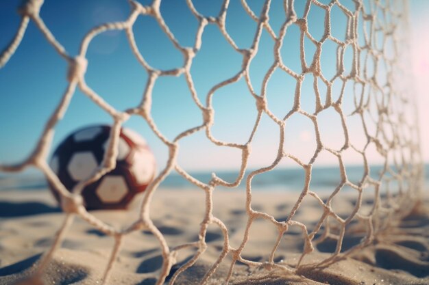 Voetbal in het doelnet op Sunny Beach achtergrond