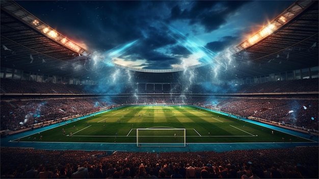 Voetbal- of voetbalstadion met fans en menigte 3D-rendering