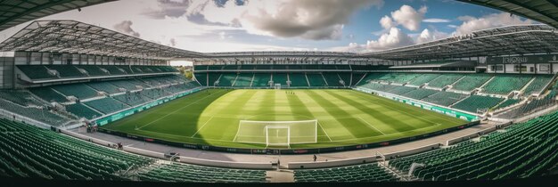 Voetbal- of voetbalstadion met groen veld en blauwe lucht Generatieve AI