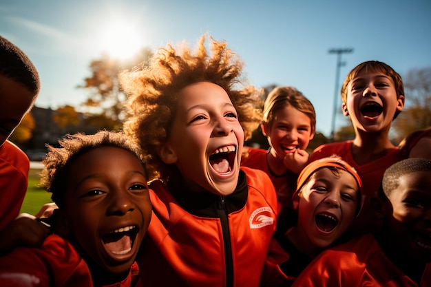 Voetbal of winnaar kinderen team knuffel in het stadion voor sport oefening sport spel of workout training