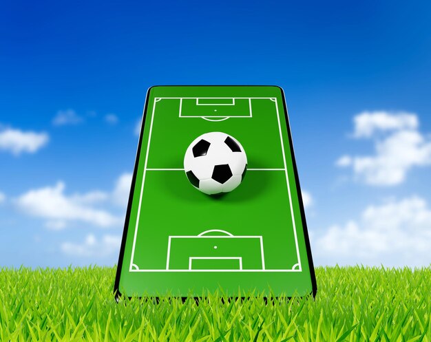 Voetbal online applicatie op smartphone voetbalvelden scherm mobiele telefoon voetbal nieuws concept sport kanaal 3d-rendering