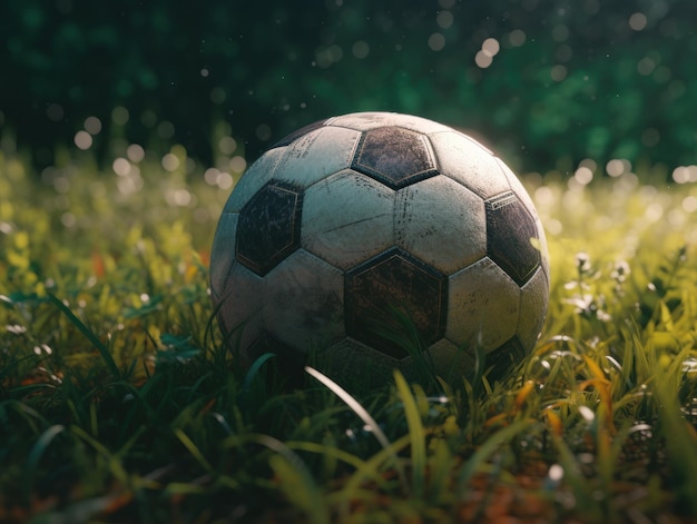 Voetbal op groen gras gecreëerd met Generative AI technologie
