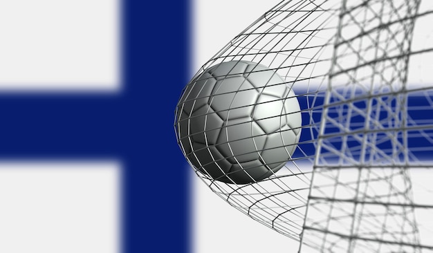 Voetbal scoort een doelpunt in een net tegen de vlag van Finland 3D Rendering