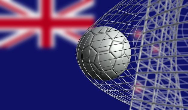 Voetbal scoort een doelpunt in een net tegen de vlag van Nieuw-Zeeland 3D Rendering
