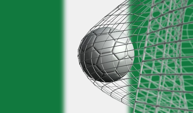 Voetbal scoort een doelpunt in een net tegen de vlag van Nigeria 3D Rendering