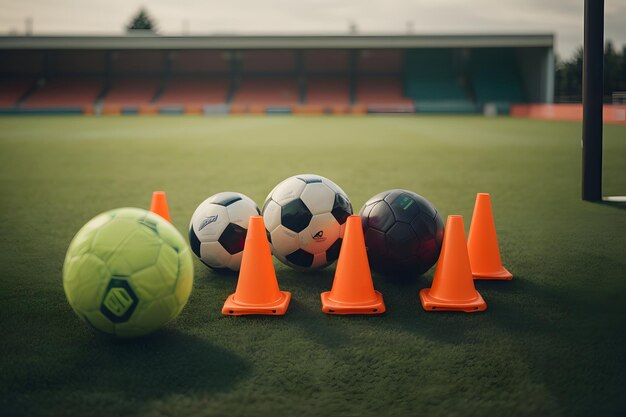 Foto voetbal training veld met voetbal ballen kegels en training spullen