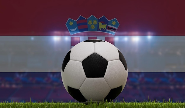 Voetbal voetbal bal op een grasveld voor stadionlichten en kroatië vlag 3D Rendering