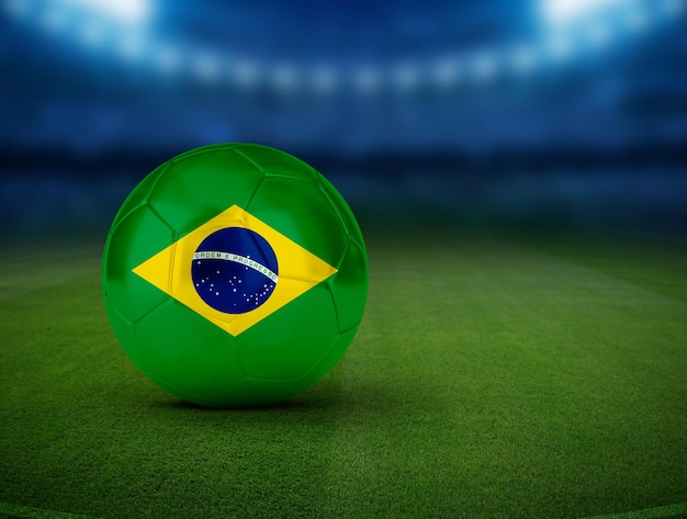 Voetbal voetbal met team nationale vlaggen Wereld voetbal Brazilië vlag op 3d bal groen stadion