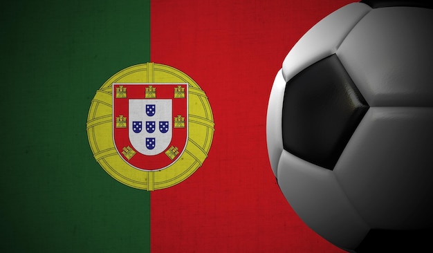 Voetbal voetbal tegen een achtergrond van de vlag van portugal 3d-rendering