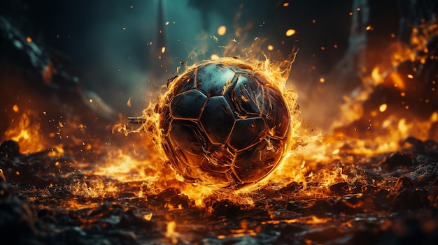 Voetbal voetbal vuur vlam op het stadion achtergrond gemengde mediageneratieve ai