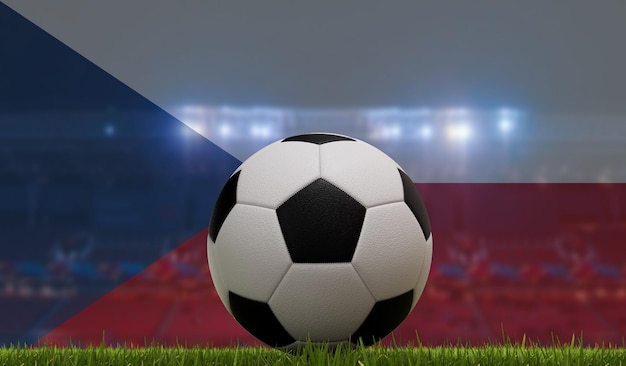 Voetbal voetbalbal op een grasveld voor stadionlichten en Tsjechische Republiek vlag 3D Rendering