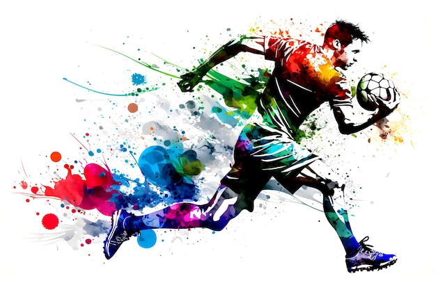 Voetbal voetballer in actie met rrainbow aquarel splash geïsoleerde witte achtergrond Neuraal netwerk gegenereerde kunst