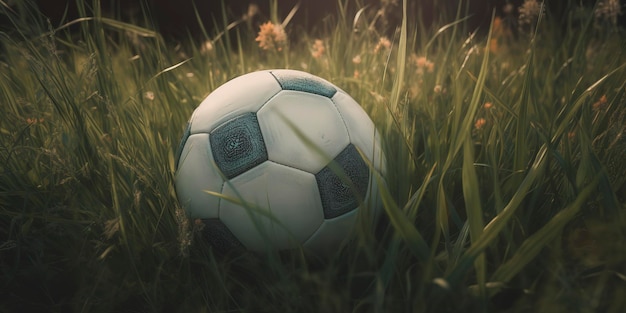 Voetbalbal in het gras AI Gegenereerd