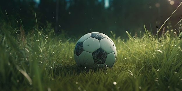 Voetbalbal in het gras AI Gegenereerd