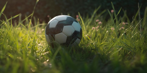 Voetbalbal in het gras AI Gegenereerd